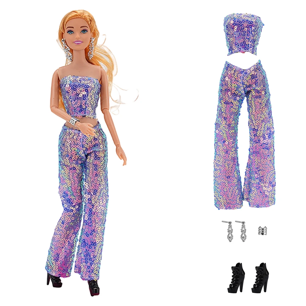 

NK 1 Set doll sparkling summer clothes: top+pants+noble earrings+bracelets+black high heels For 1/6 Doll Clothes Accessories