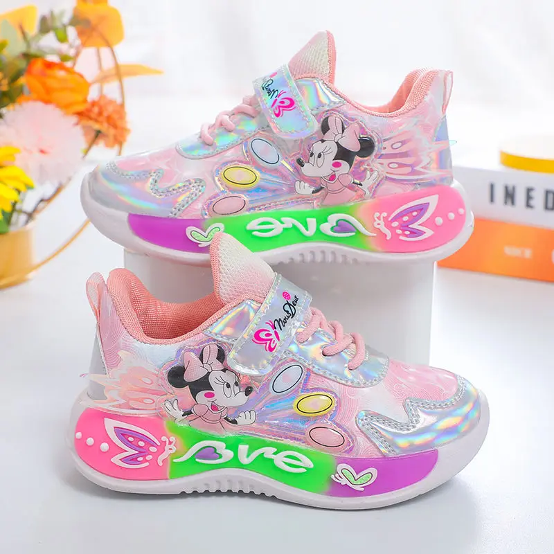 Minnie Mickey Girls Sneakers 2024 Autumn And Winter New Leather Running Shoes For Children Girls Light Non-slip Princess Shoes