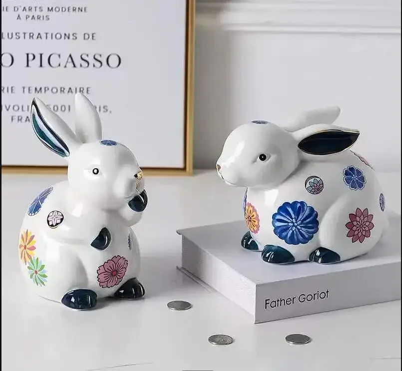 

Rabbit Ceramic Ornament Piggy Bank Home Decor Accessories Statue Knickknacks Statuette Display Figurines Decoration Crafts