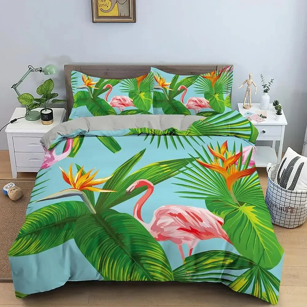 

Flamingo Duvet Cover Set Purple Tropical Botanical Bedding Set Coral Flamingo Soft Breathable Queen King Polyester Quilt Cover