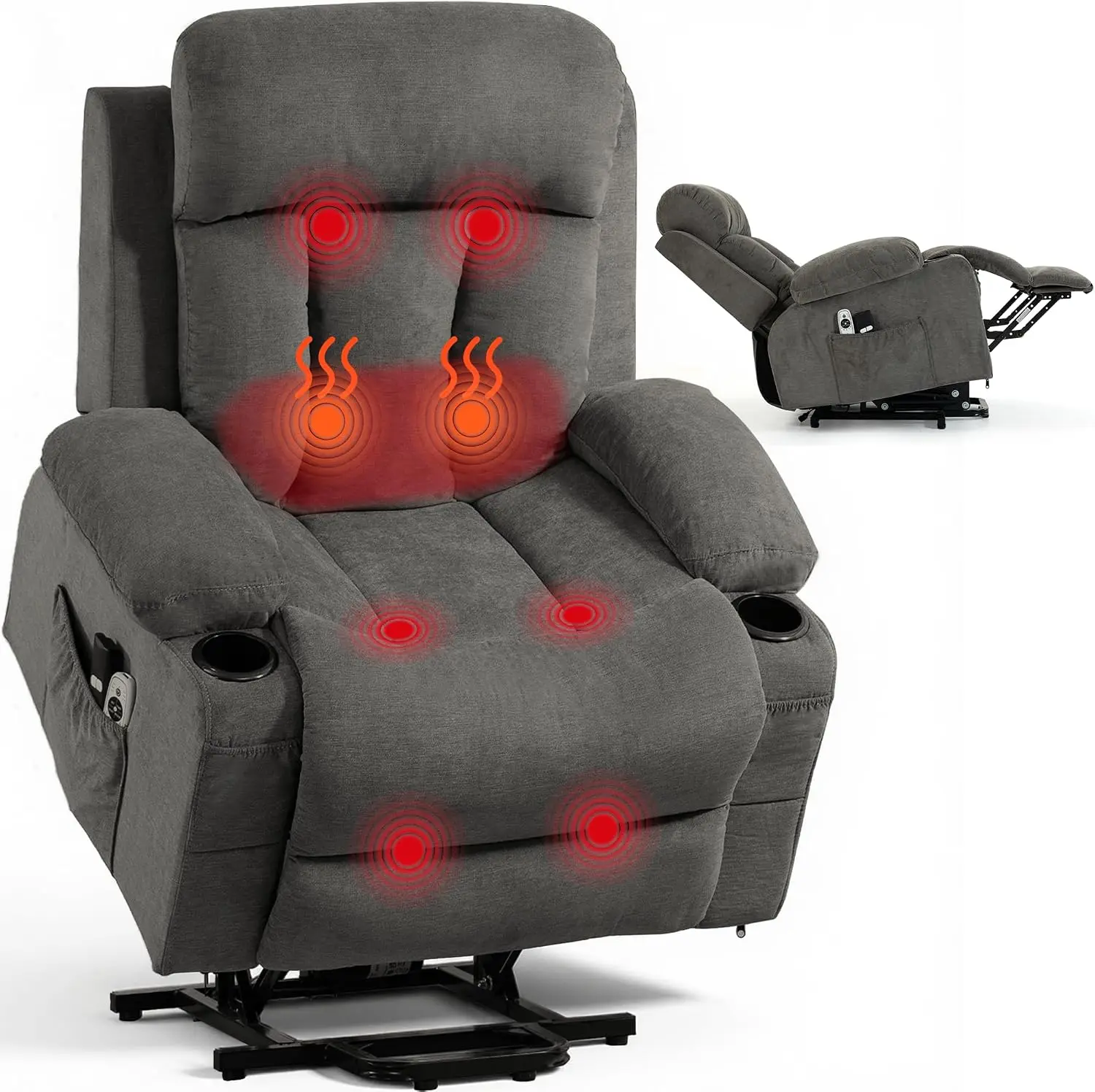 Lift Chair for Elderly with 8 Vibration Points Massage and Heat, Power Electric Recliner Featuring Cup Holders Side Pockets & US