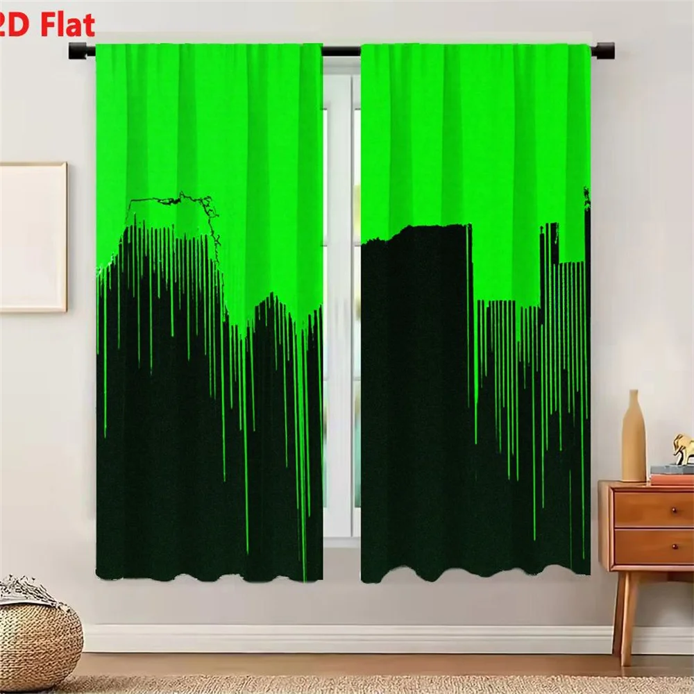 2Pcs Curtains 2D Flat Abstract Artwork With Black Building Silhouettes And Vertical Green Lines On Bright Green Background Windo