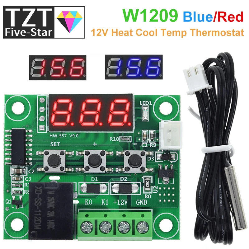 TZT W1209 Blue/Red light DC 12V heat cool temp thermostat temperature control switch temperature controller thermometer thermo