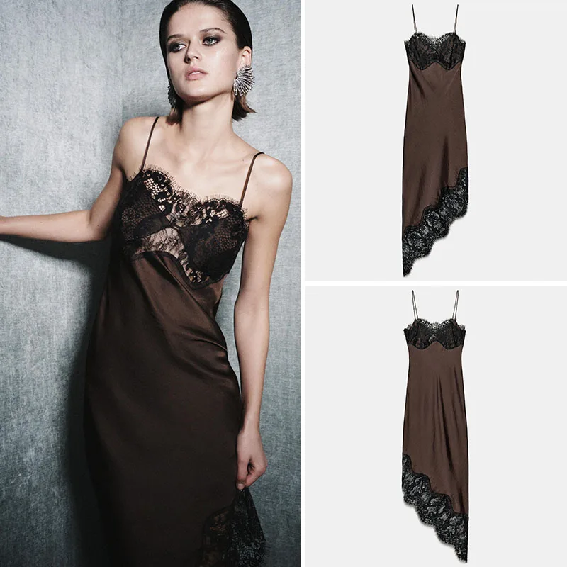 

Сексуальное асимметричное кружевное атласное платье для женщин, новинка летней коллекции ZA2025, с открытыми плечами, для молодых женщин 8-25 лет