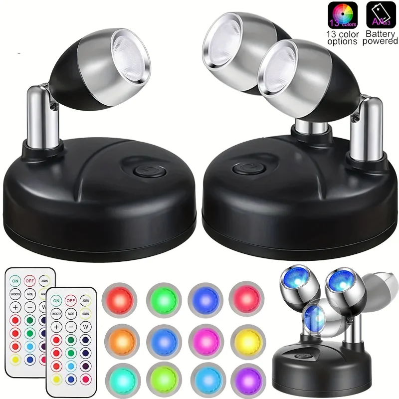 1/2pcs RGB Wireless LED Spotlights Rotatable Accent Lights Battery Powered Lights Indoor Closet Lights Wall Lamp Night Light New