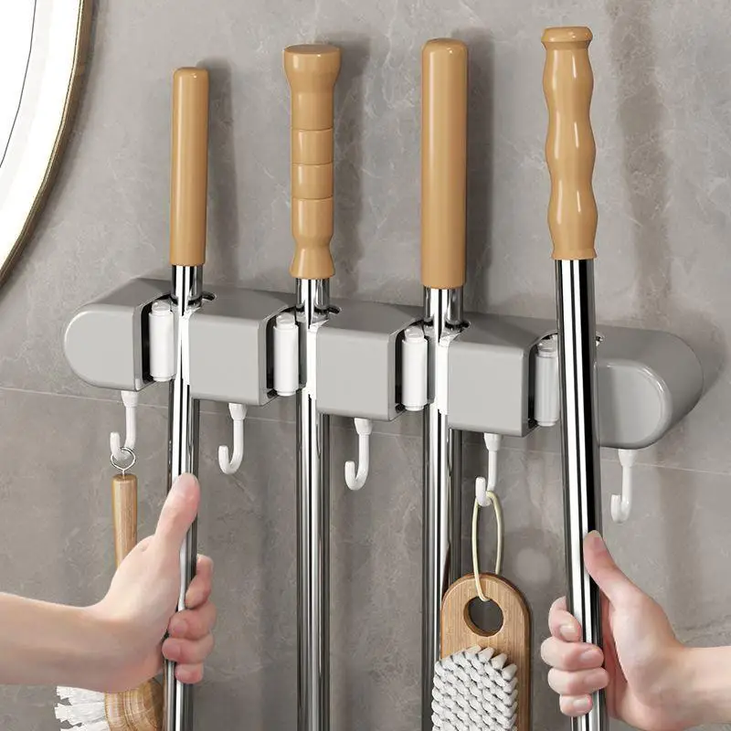 Wall Mounted Mop Holder Multi-Functional  Hanger Shelf Home Kitchen Storage Bathroom Suction Hanging Pipe Traceless Hooks