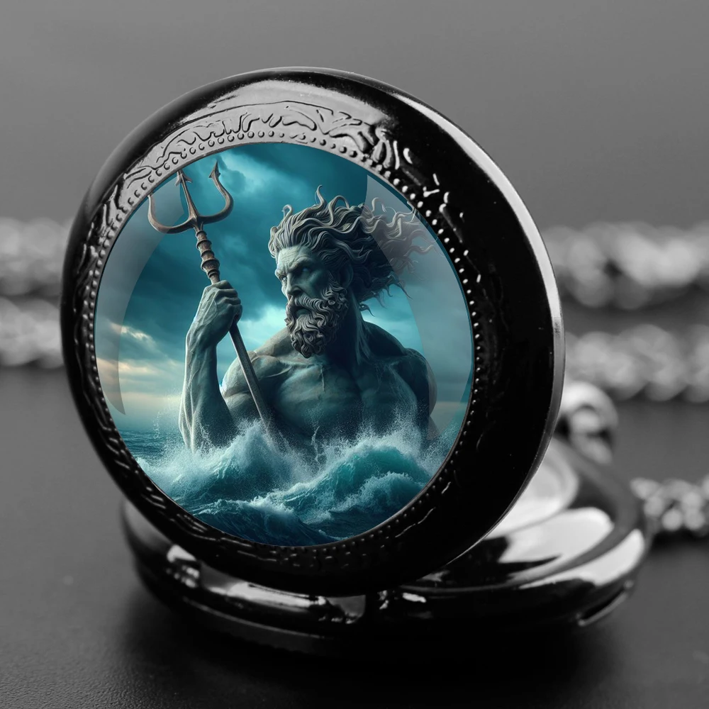 Poseidon God of The Sea Design Quartz Pocket Watch Personality Faith Creative Pocket FOB Watch Pendant For Men Women