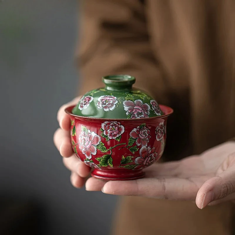 

135 мл Цветная эмаль Пион Гайвань Эстетическая чайная подставка Чайная чаша с крышкой Комплект для приготовления Крышка Чаша Набор кунг-фу Украшение Ремесло