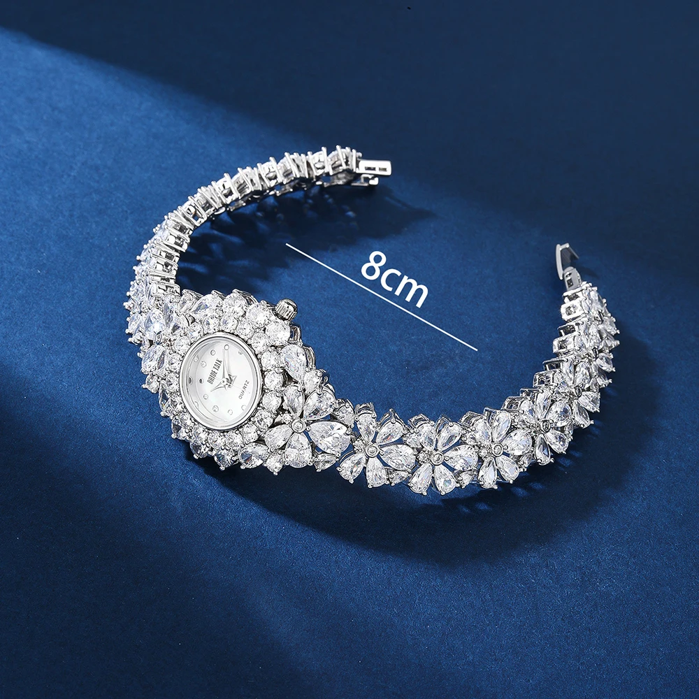 014467 Luxury Women\'s Watches 19CM Cubic Zircon Elements Crystal Bracelet Watch for Wedding Party  Bride Watches Jewellery Set