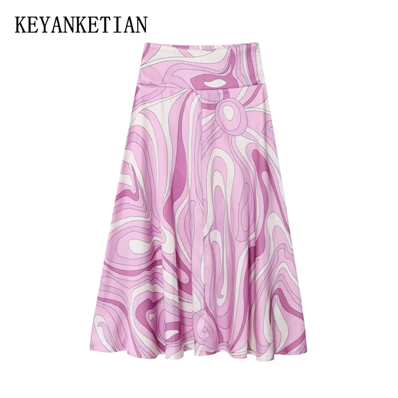 

KEYANKETIAN 2025 Autumn New Women's Color Matching Geometric Print MIDI Skirt Holiday wind Zipper High Waist Slim A Line Skirt