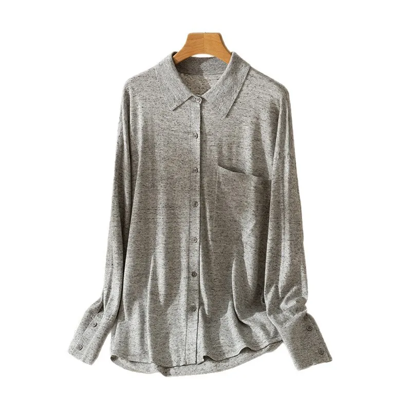 เสื้อคาร์ดิแกนโปโลถักสำหรับผู้หญิง เสื้อสเวตเตอร์ติดกระดุม ผ้าลินินผสมขนสัตว์ลายมาร์เลด