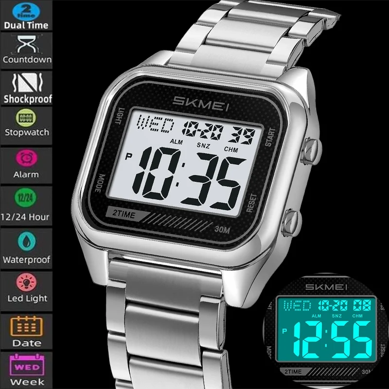 

Роскошные брендовые часы Skmei с двойным часовым поясом и дисплеем даты и недели, цифровые спортивные часы для мужчин, водонепроницаемый стальной ремешок, светодиодный секундомер