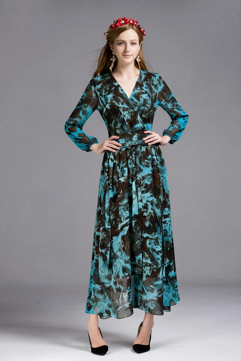Elegant Turquoise & Brown Abstract Print Maxi Dress with V-Neck, Long Sleeves, and Self-Tie Waist Belt, Flowy Floor Length Gown