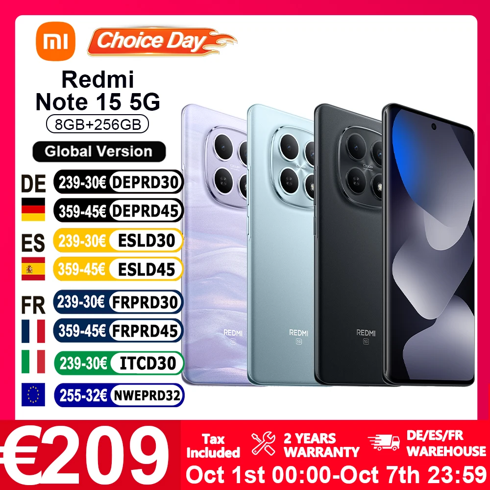 Versione Globale Xiaomi Redmi Note 15 5G Smartphone 5G 6.77' FHD Snapdragon ® Xiaomi 6 Gen 3 108MP IP66 Batteria 5520mAh Ricarica 45W NFC