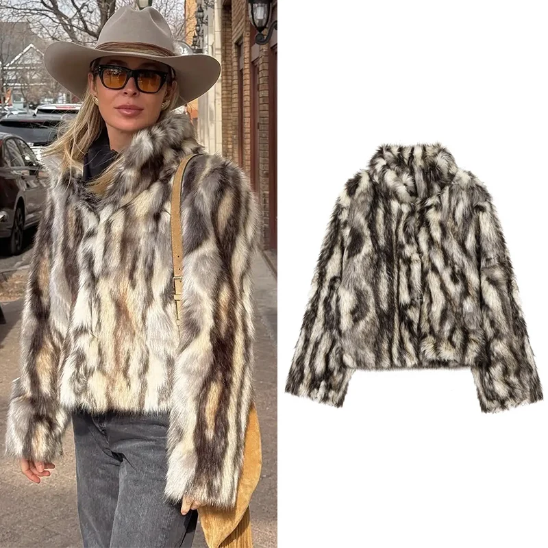 

Vintage Faux Fur Printed Coat Women Chic Casual Plush Single Breasted Winter Jackets For Women 2025 New Street Warm Outerwear