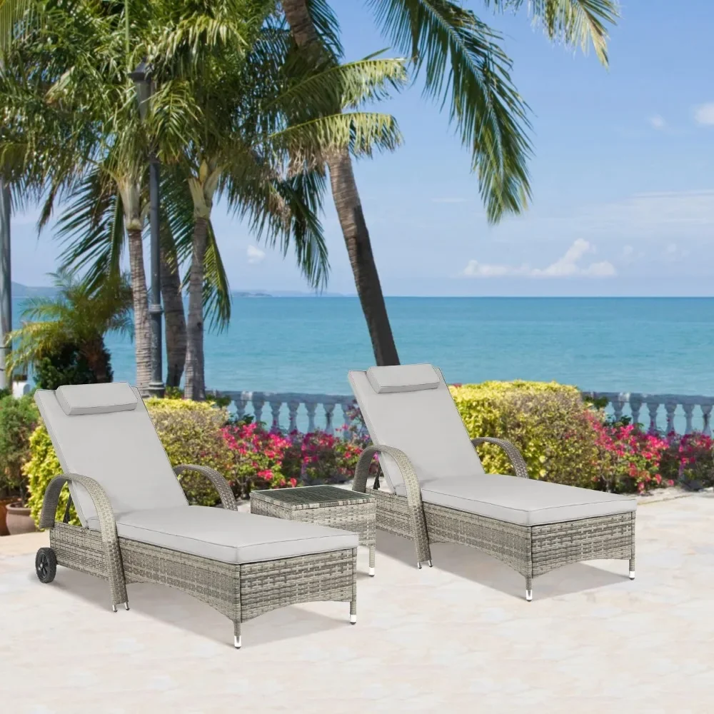 

3 Pieces Outdoor Chaise Lounge Chairs Set Outdoor Pool Lounge Chairs Set of 2 with Table Recliner Patio Rattan Wicker Sun Lounge