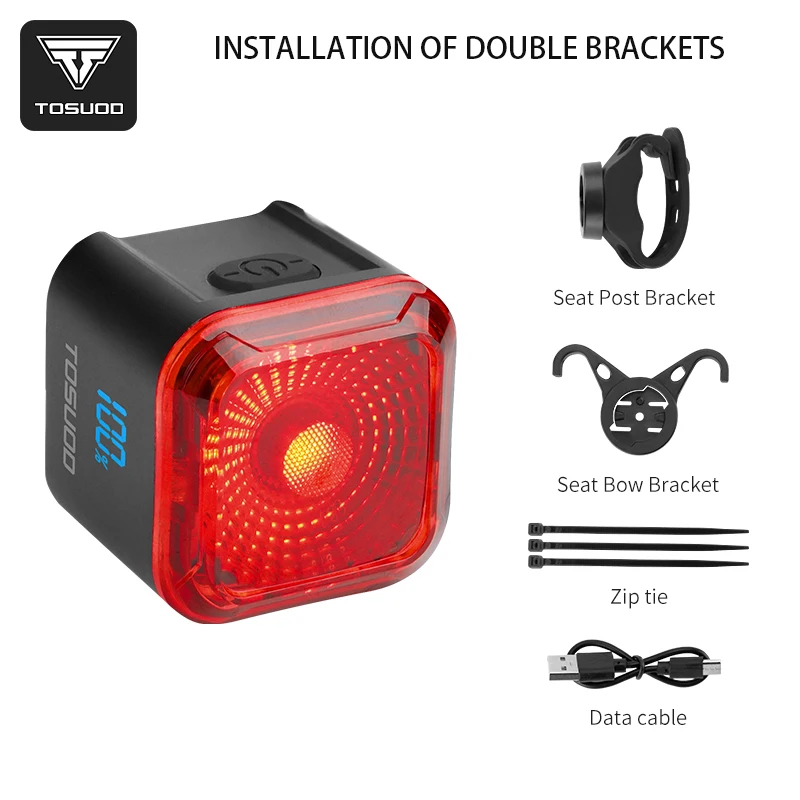 TOSUOD Lanterna traseira de bicicleta IPX5 à prova d'água 6 modos de iluminação Tipo-C Detecção de freio de carga 500mAh LED Lanterna traseira Acessórios para bicicleta