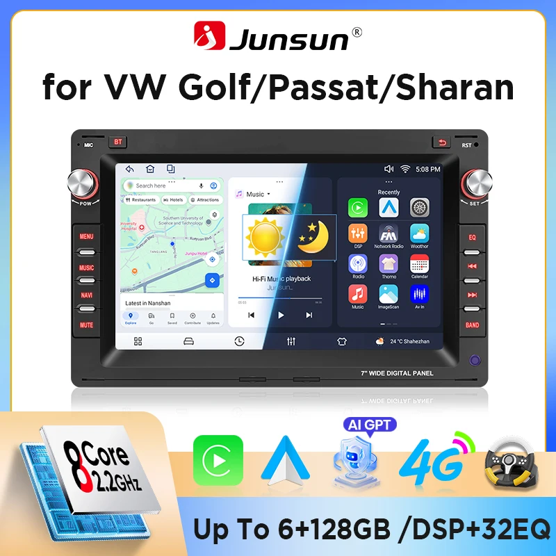 Junsun, autoradio Android da 7 pollici per VW Golf 4, Passat, POLO, Transporter T5, con CarPlay e Android Auto wireless, navigazione GPS, DSP, radio FM, RDS, WiFi, Bluetooth, funzione vivavoce, Mirror