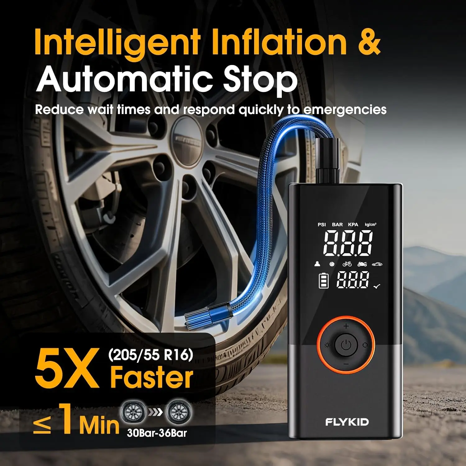 ポータブルデジタルエアコンプレッサー 150PSI 車、SUV、バイク、自転車用、LEDライト付き充電式