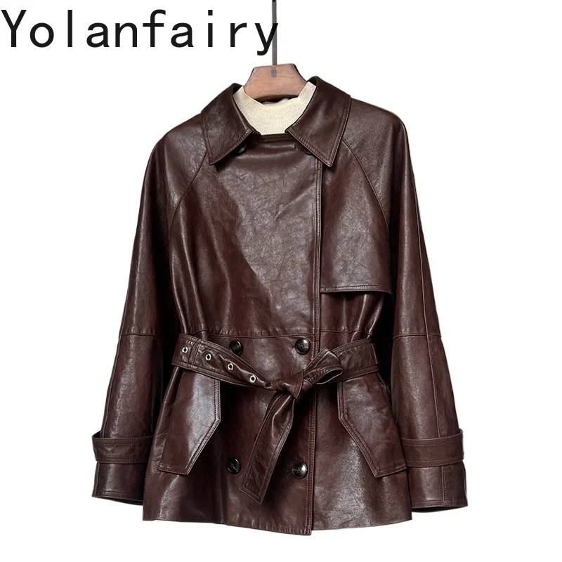 

YOLANFAIRY Coffee Color Real Sheepskin Leather Trench Coat Woman 100% Genuine Leather Jacket Women Elegant with Belt Outerwear