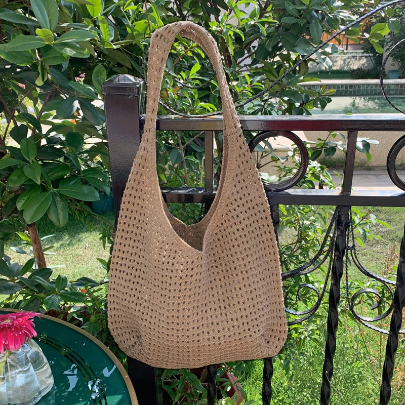 Einfarbige Strick-Umhängetasche, aushöhlen, vielseitige böhmische Häkel-Einkaufstasche, große Kapazität, lässige gewebte Handtasche für Damen