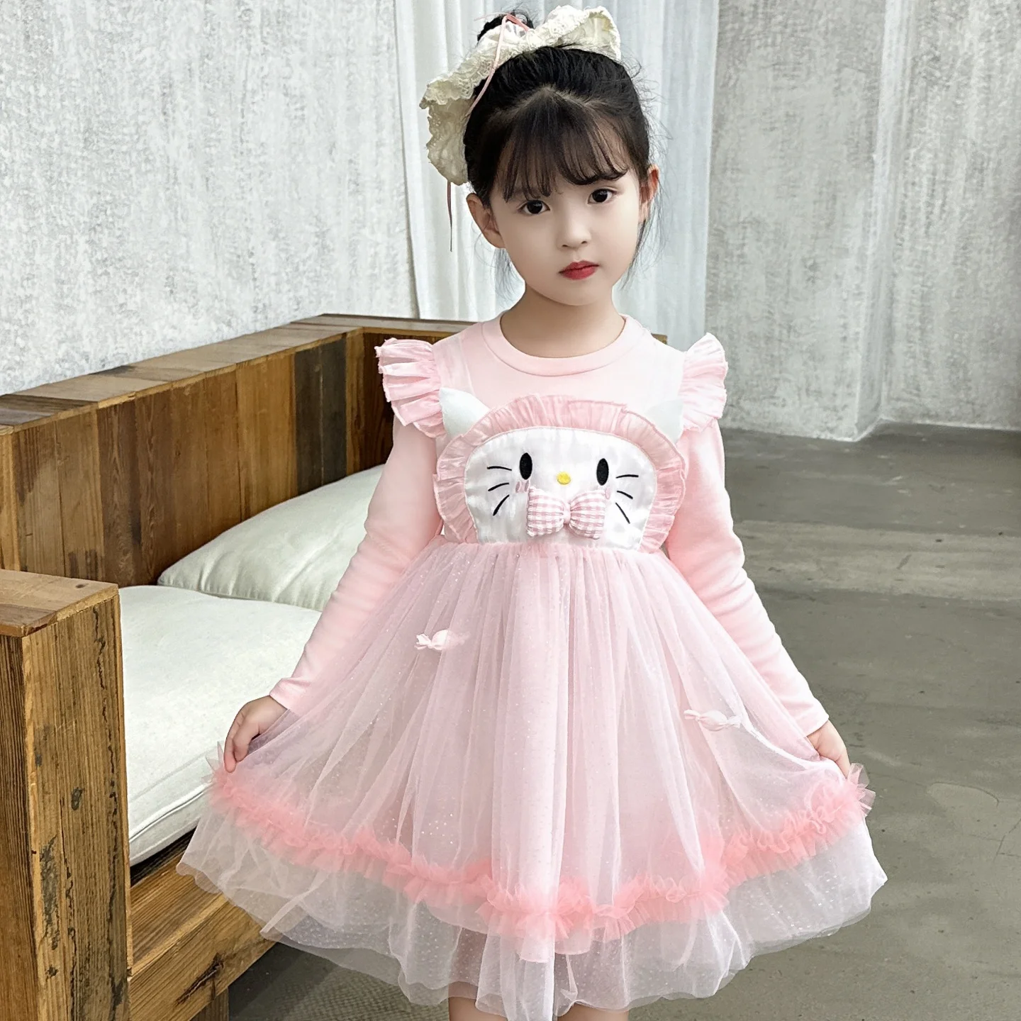 

Girl's HelloKitty Princess Skirt Knitted Puff Yarn Skirt Cute Soft Long Sleeve O-Neck A-line Skirt Spring Autumn Fashion Dress