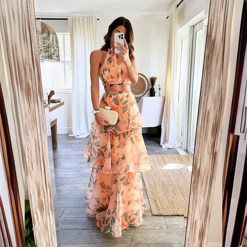 

New Sleeveless Halter High Waist Cake Party DressSummer Sleeveless Temperament Slim Dress Elegant Women Pattern Print Outfits