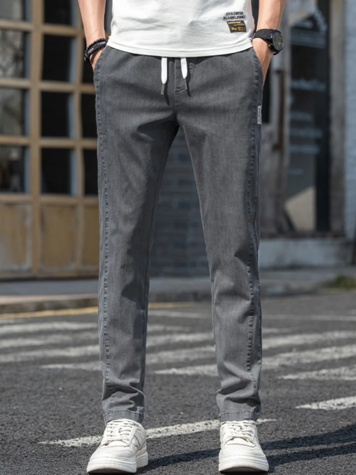 

Men's Casual Straight Leg Jeans Dstring Elastic Waist Long Pants Autumn Spring Slim Fit Youth Active Sle China Made