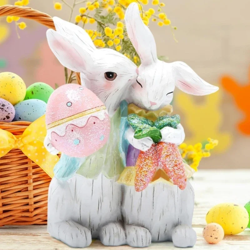 Resin Easter Bunny Figurines Tabletopper Decorations for Home Garden Party Holiday Cute Rabbit Easter Day Couple Gifts