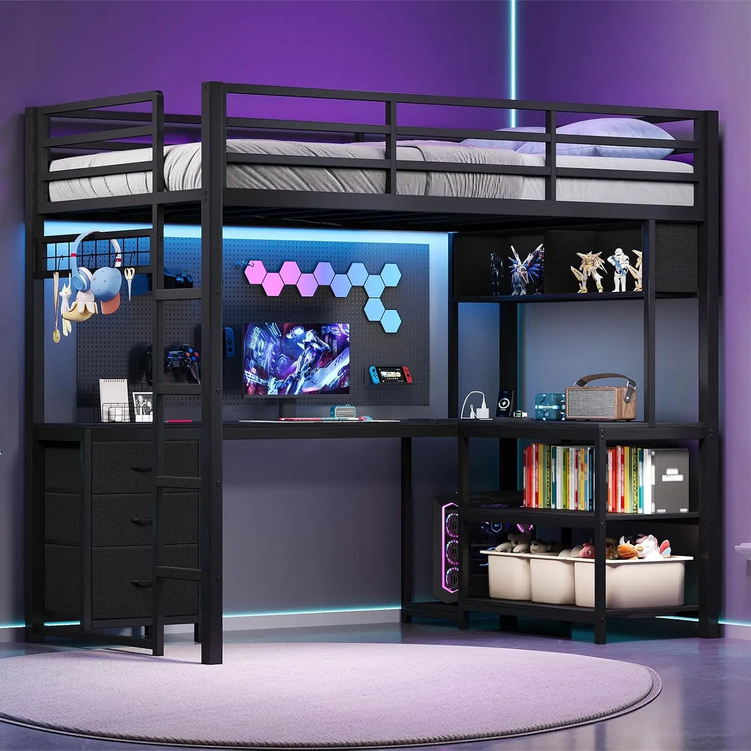 Twin Loft Bed with L‑Shaped Desk, RGB LED Lights, Black