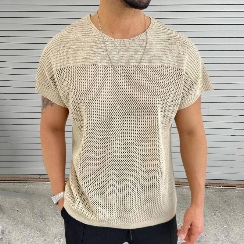 Leisure Hollow Out Breathable Knit Tops Men Summer Vintage O Neck Mens Knitted T-shirt Short Sleeve Solid Color Knitting T Shirt