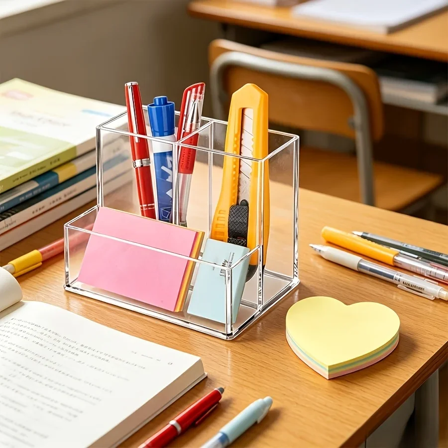 Thickened Clear Acrylic 3-Slot Pen Holder, Multifunctional Desktop Organizer for Stationery, Sticky Notes & Makeup Brushes