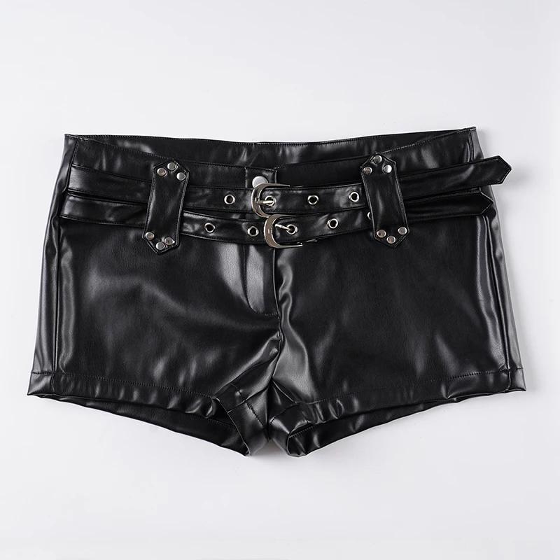 الظلام مشبك مزدوج حزام بولي Leather السراويل الجلدية قاطرة نمط سليم منخفضة الخصر السراويل النساء 2025 الصيف موضة الشارع الشهير السيدات #5