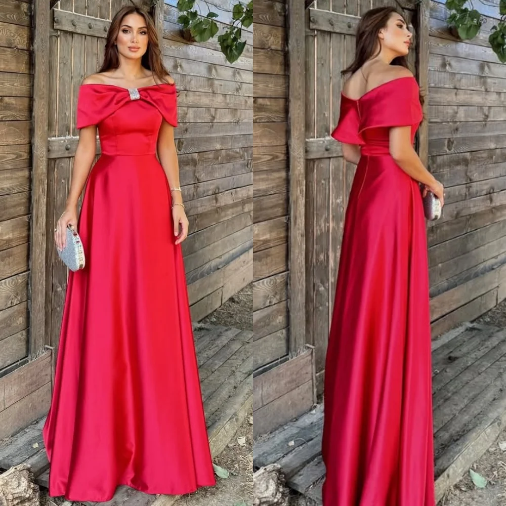 

Customized Modern Style Simple Charmeuse Ruched A-line Off-the-shoulder Long Dresses Bespoke Occasion Dresses Sizes Available