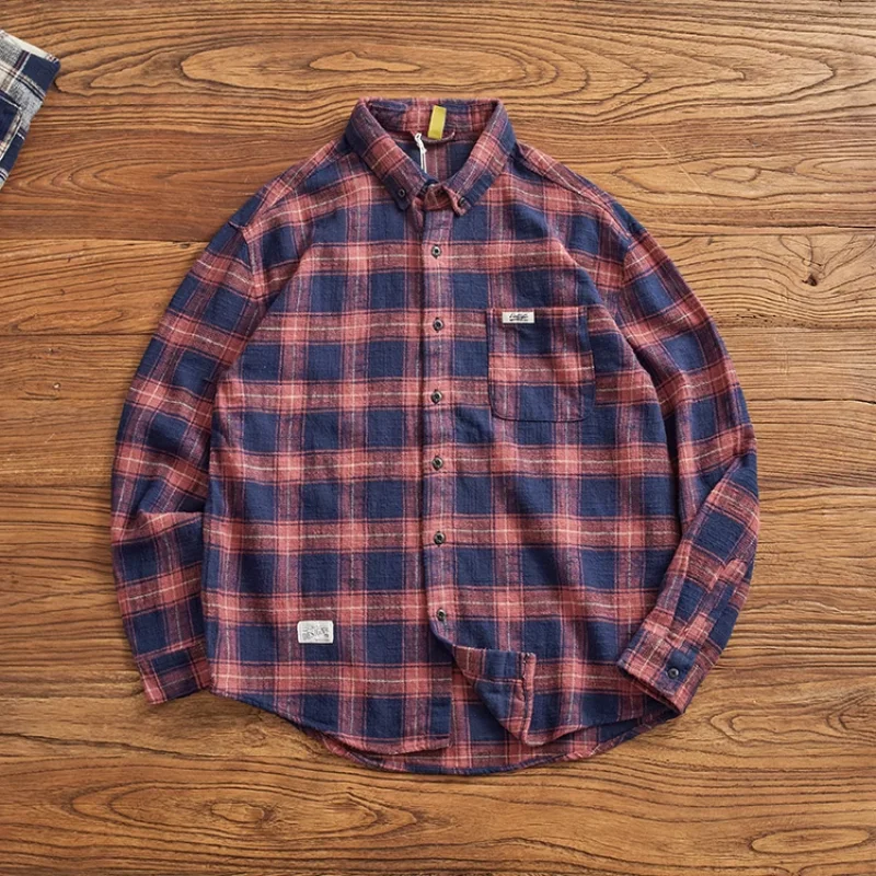 

Classic vintage plaid long-sleeved shirt for men autumn and winter British leisure winter heavy cargo shirt for men