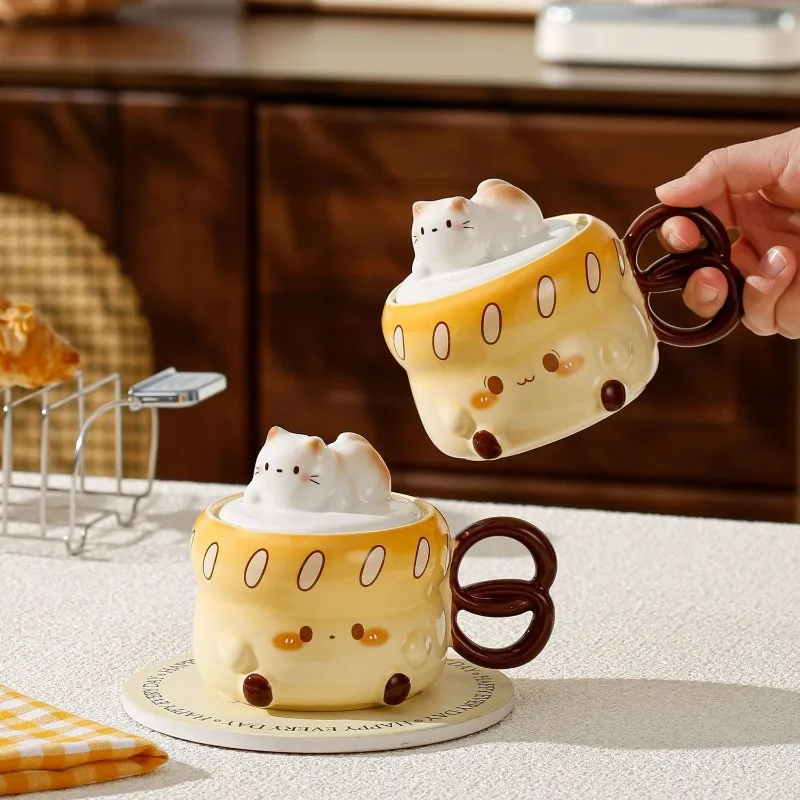 Ceramic Cute Cartoon Bread with 3 Expressions, Cat Mug, Home Coffee, Milk, Oats, Spoon with Lid, Office Water Cup, Perfect Gift