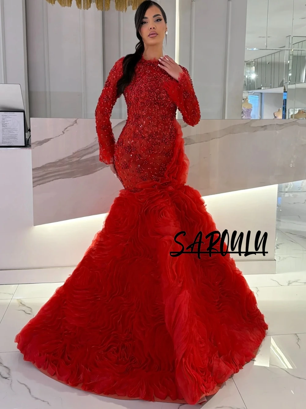 

Red Crystals Romantic Evening Dress Chic Fantasy Ruffled Flowers Mermaid Prom Gown Customized Sparkly Formal Events Wear