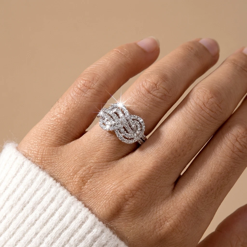 Cross Knot Cubic Zirconia Copper Ring for Women Interwoven Twisted Rope Symbolic Minimalist Stackable Finger Jewelry