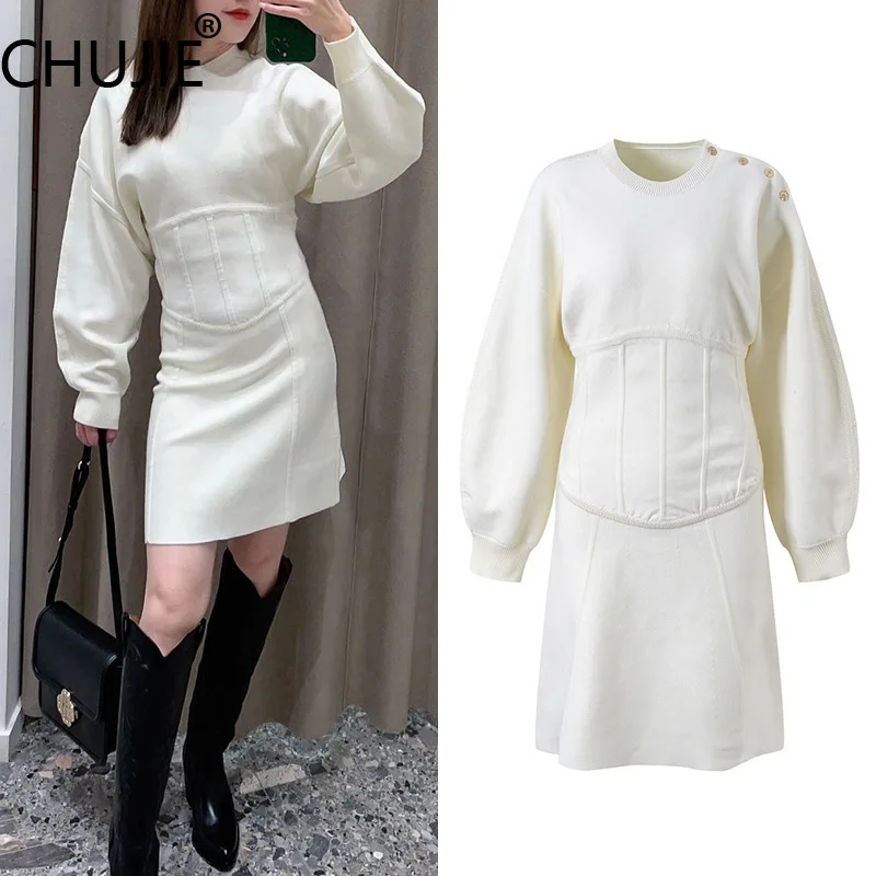 

CHUJIE 2025 Early Autumn Knit Dress - Premium Tailored Waist Slim Fit Mini Dress With Metal Buttons, Office Elegant Style