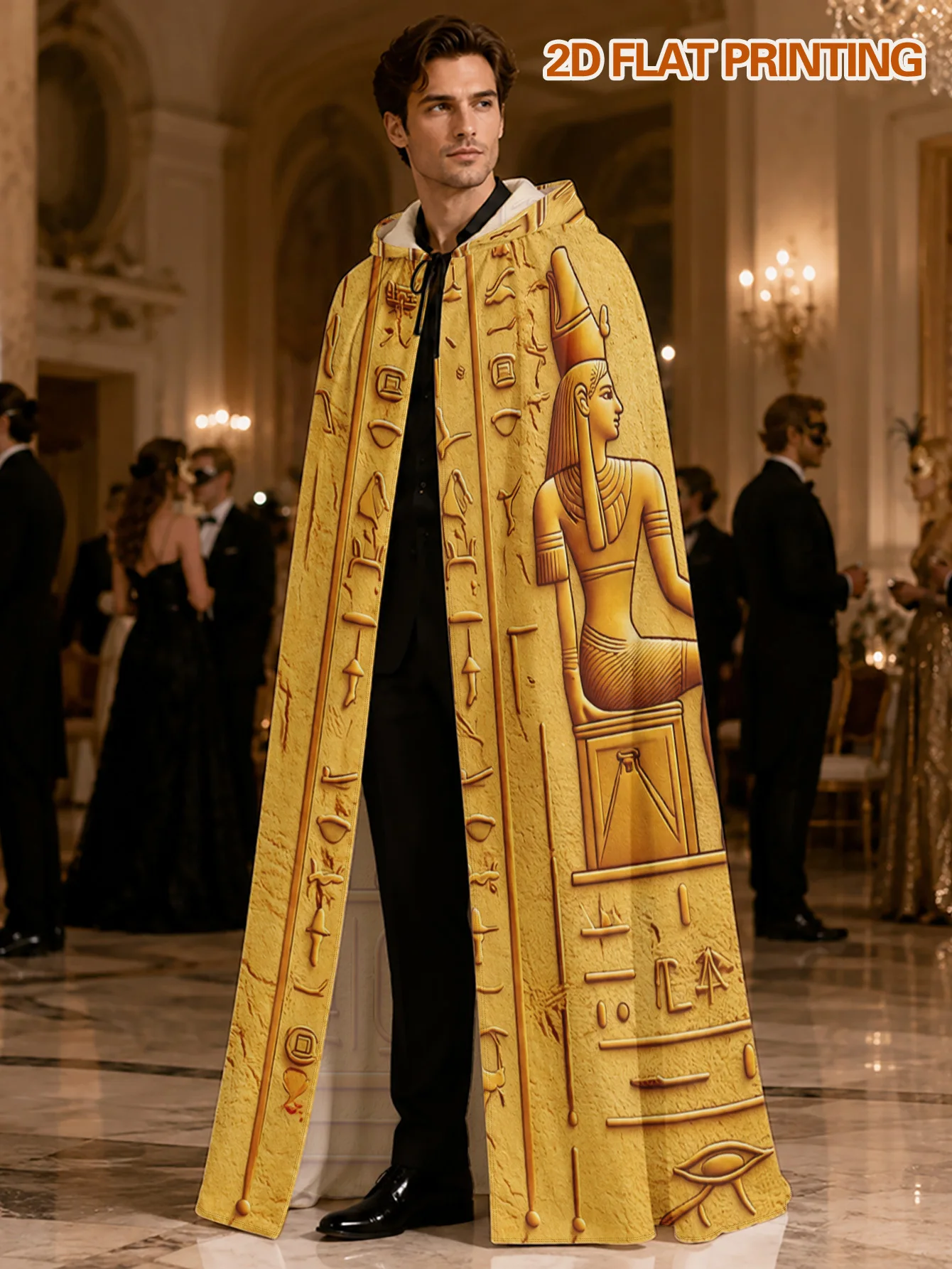 Customization 1pc, Full Length Polyester Hooded Cloak With Ancient Egyptian Relief Art Print, Adult Costume Robe For Halloween view 3