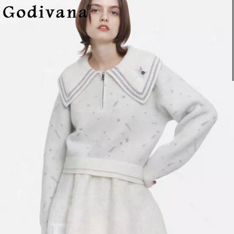 

Модный милый белый свитер в японском стиле, весенне-осенний женский повседневный вязаный пуловер, женские вязаные топы с отложным воротником