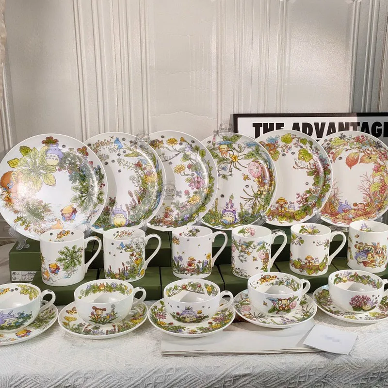 Bone China Dinner Plate Anime Cup and Saucer Set Coffee Mug Cute Cartoon Pattern Ceramic 9.5 Inch Dish Household Tableware Gift