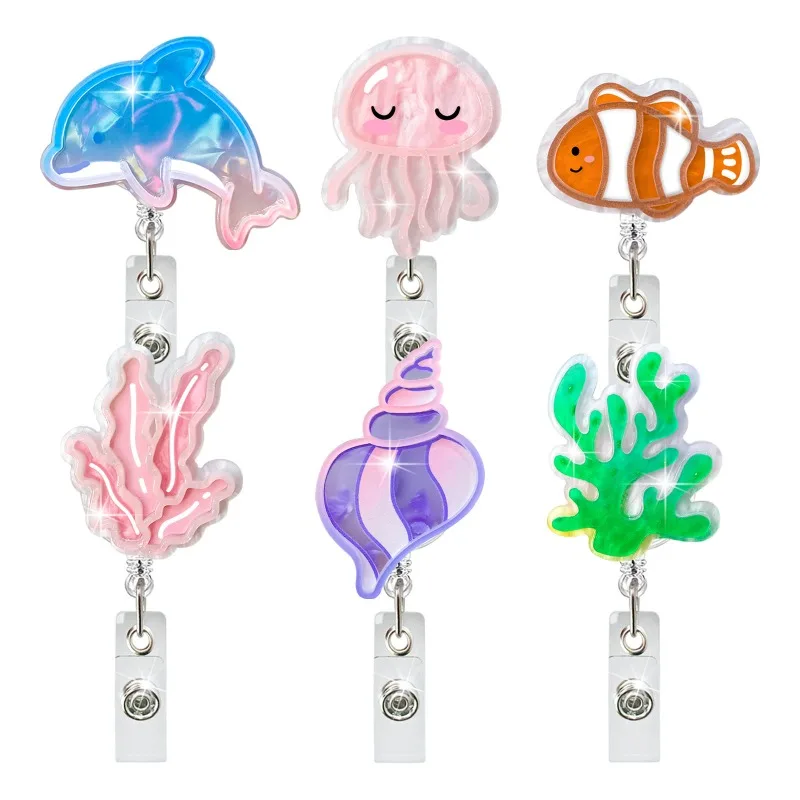 Cute Cartoon Marine Worker ID Card Holder Retractable Badge Octopus Coral Dolphin Easy Pull Buckle for Women Office Supplies