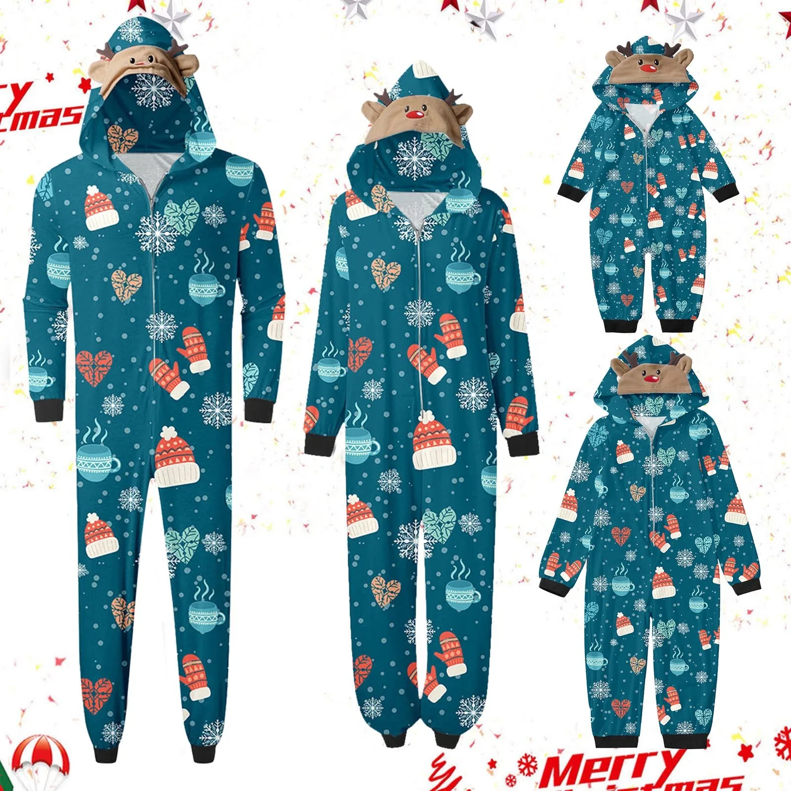 Family Matching Christmas Onesie, Cute Vacation Reindeer Print One-Piece Pajamas Hooded Romper Holiday Sleepwear Nightwear Party