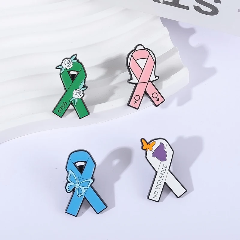 Cancer Ribbon Enamel Pins Custom Ptsd No Violence Mental Health Awareness Badges Clothes Lapel Brooches Jewelry Gift For Friend