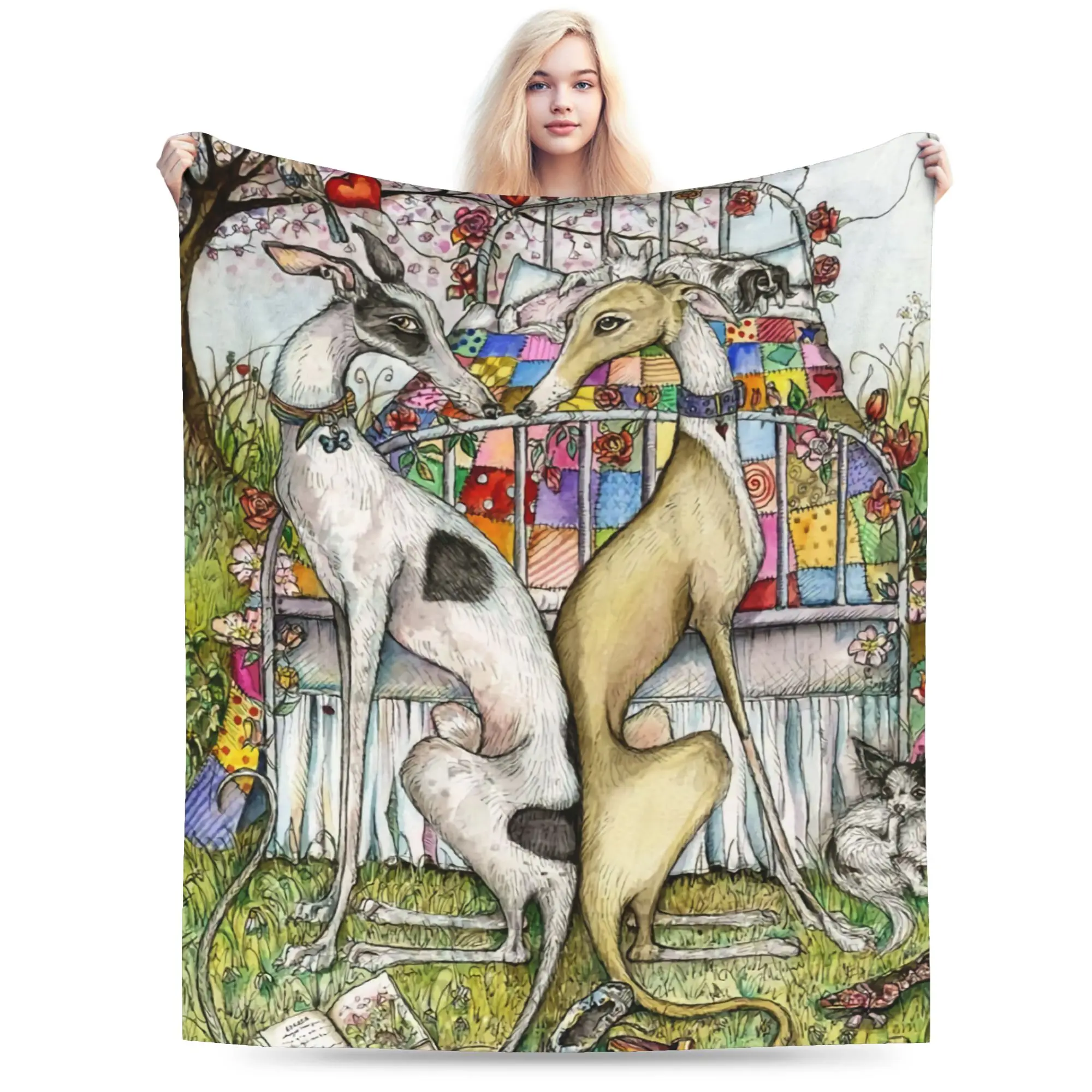 Custom Vintage Whippet Greyhound Dog Blanket 3D Printed Soft Flannel Fleece Hound Throw Blankets for Car Bed Sofa Bedspreads