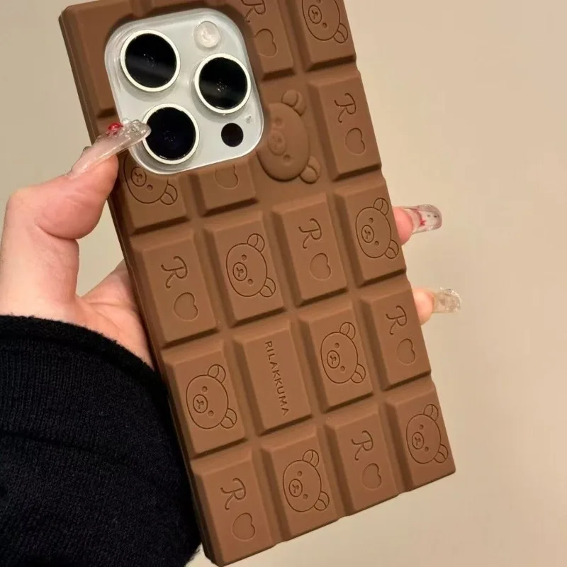 Cute Rilakkuma Chocolate Bar Embossed Phone Case Shockproof Full Wrap Cover Suitable for iPhone 17 16 Pro 16 15 14 13