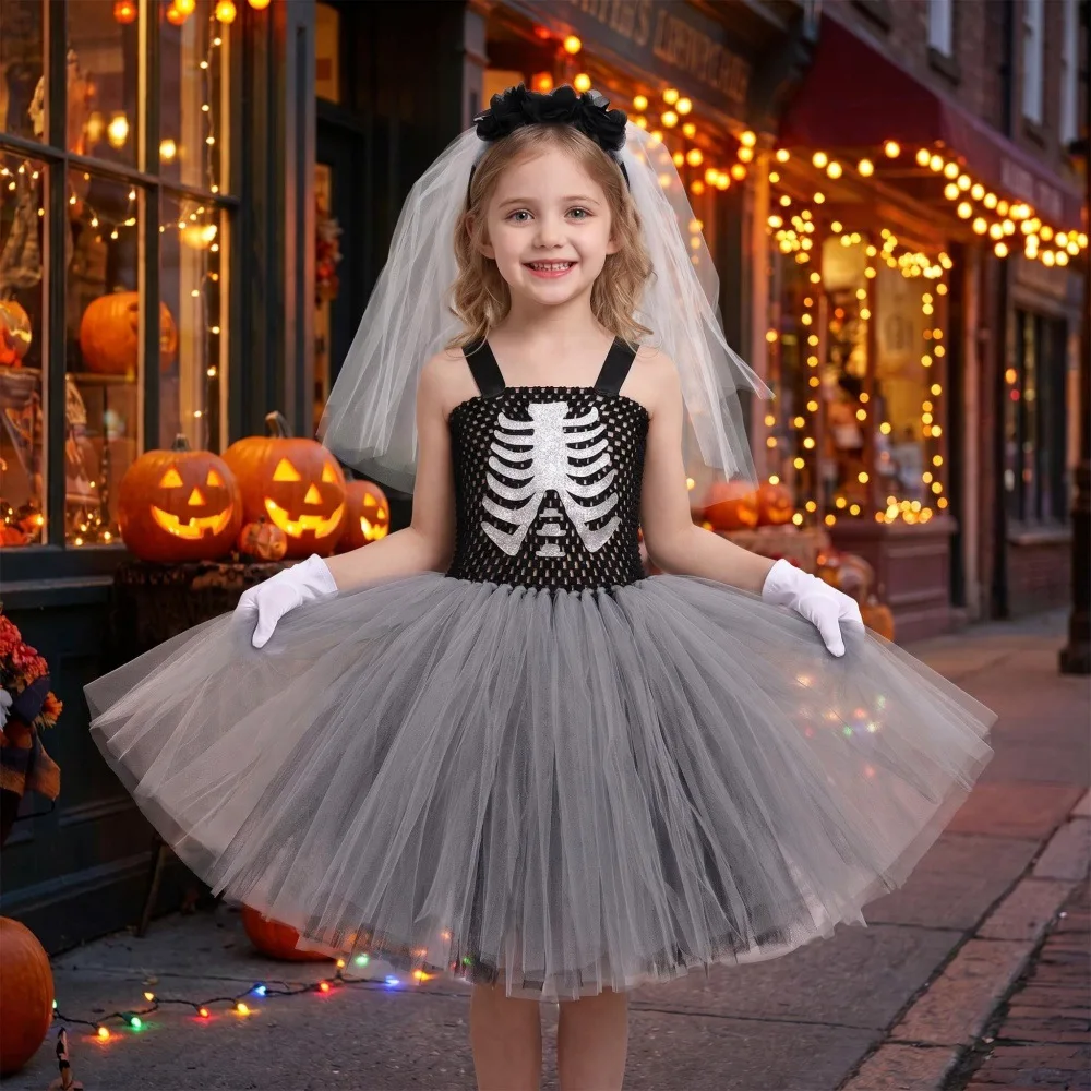 Halloween Kids Princess Mesh Tutu Dress Set for Girls Tulle Party Outfit with Veil Gloves Holiday Stage Performance Daily Frocks