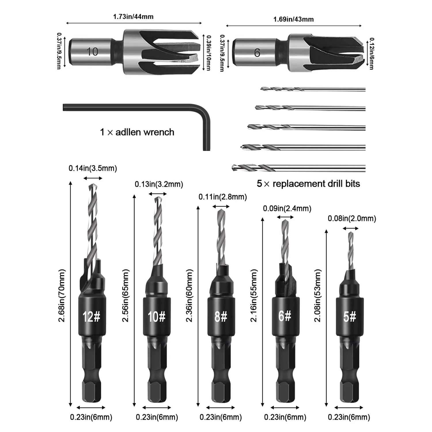 Countersink Drill Bit Set, Woodworking Chamfer Adjustable Countersink Tools on Counter Sink Holes with 1/4inch Hex Shank