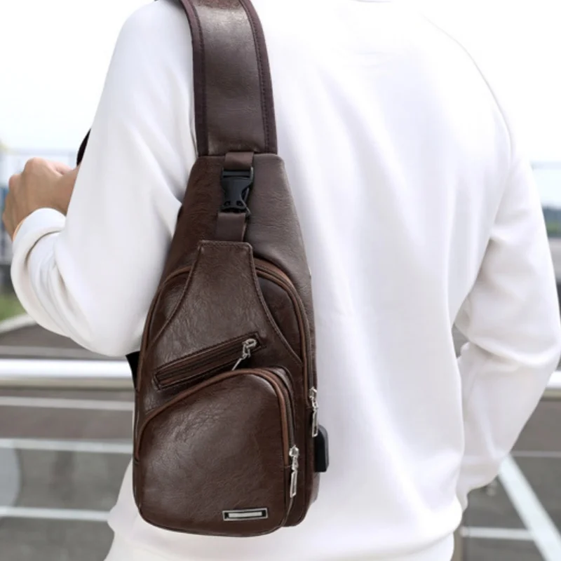 

Vintege однотонная мягкая искусственная кожа многофункциональная мужская нагрудная сумка с зарядкой через USB сумки через плечо на молнии для мужчин повседневного использования